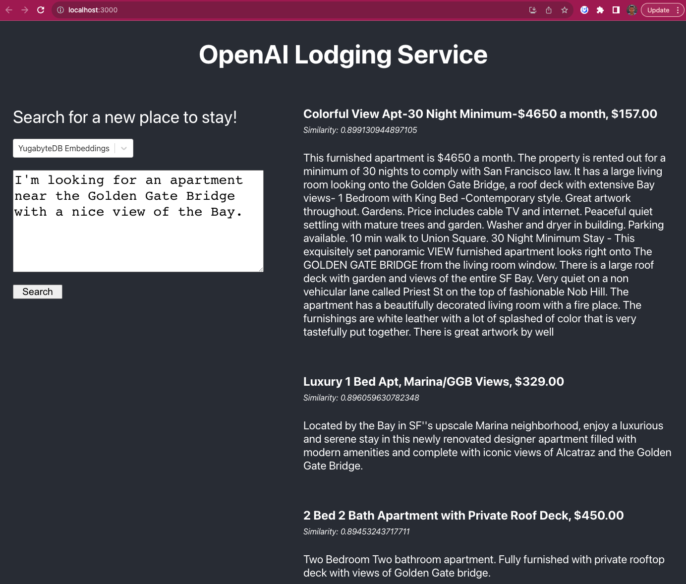 Lodging Service Results with YugabyteDB Embeddings